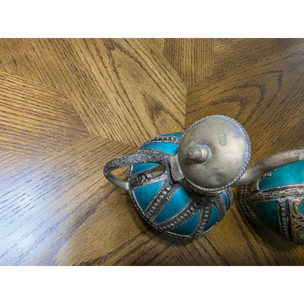 Vintage Moroccan Teal Ceramic Metal Filigree Teapot and Lidded Jar Set 2 Piece